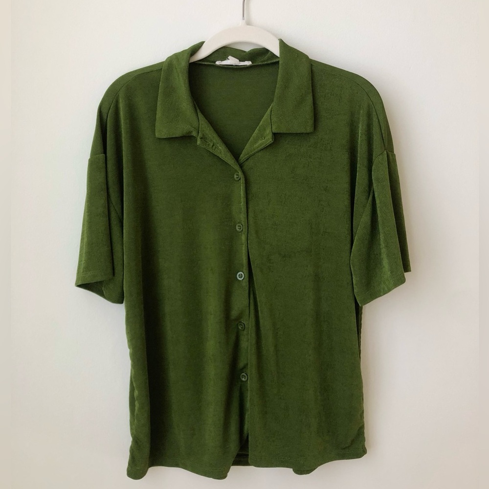 slinky summer button down oversized shirt - olive, medium